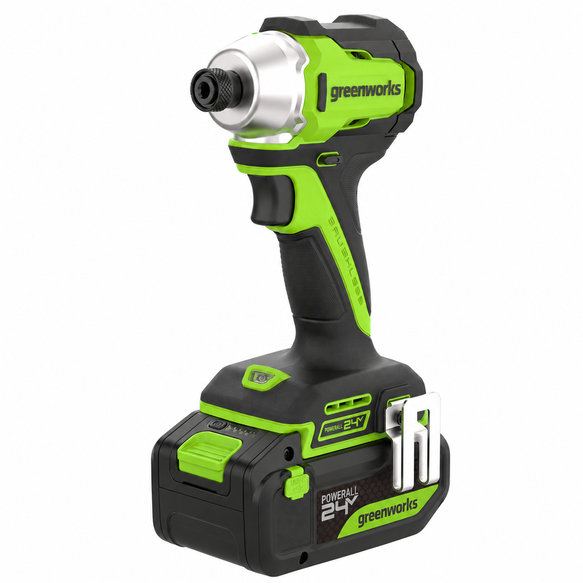Greenworks cordless impact wrench with a 24V 2.0Ah battery, shown on a solid white background.
