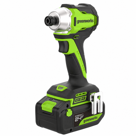 Greenworks cordless impact wrench with a 24V 2.0Ah battery, shown on a solid white background.