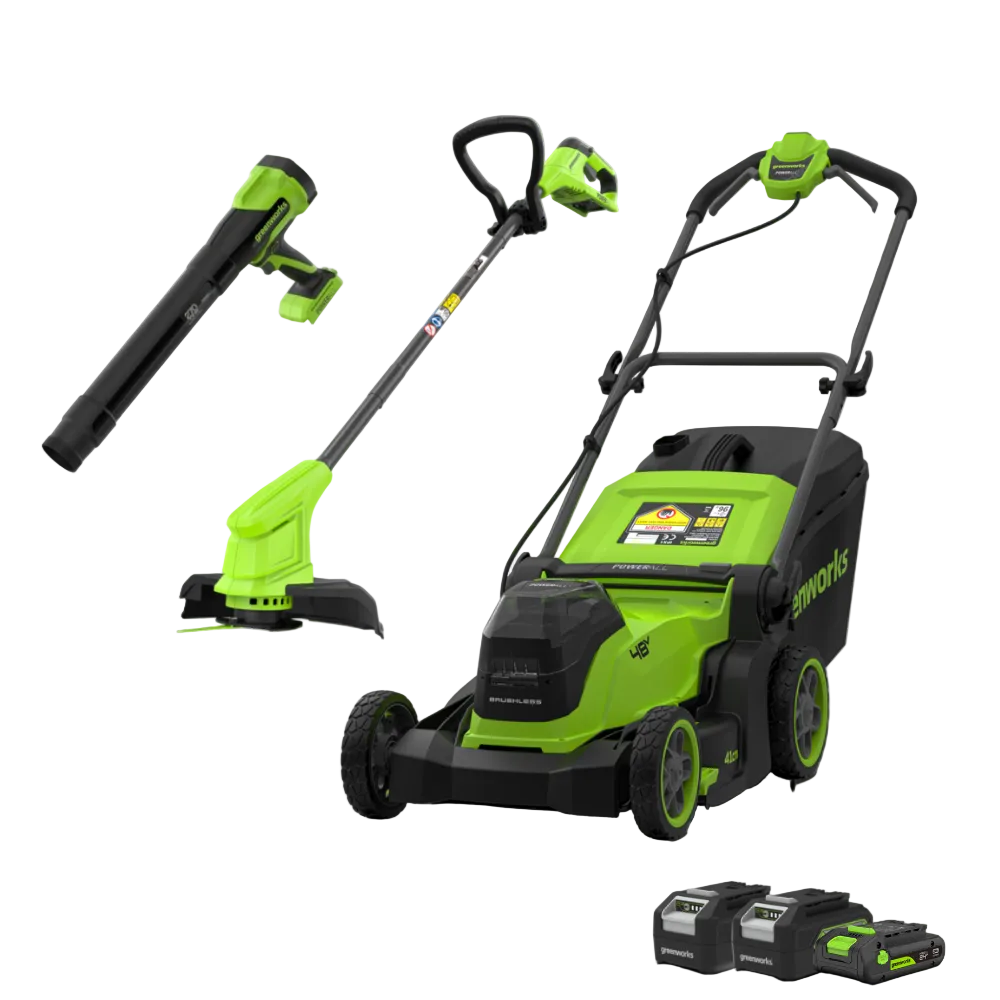 Sekačka na trávu POWERALL 48V (24V x 2) 41cm + strunová sekačka 24V 25cm + pistolový foukač 24V 209 km/h, sada