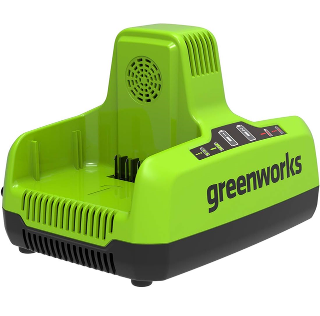 A green Greenworks dual battery charger with a diagnostic LED indicator.