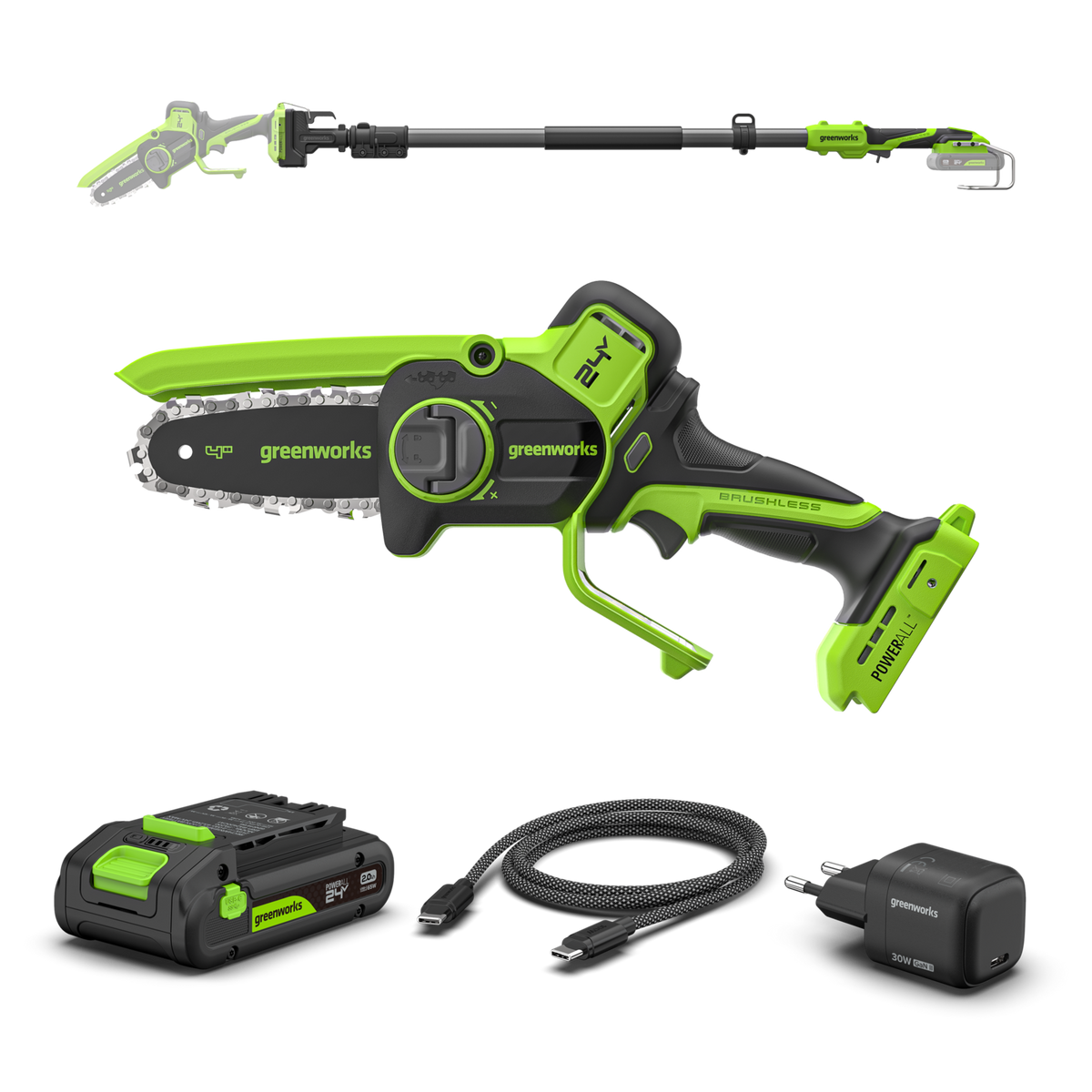 POWERALL 24V mini řetězová pila 10 cm Gen. II s prodlužovací tyčí - baterie 2 Ah