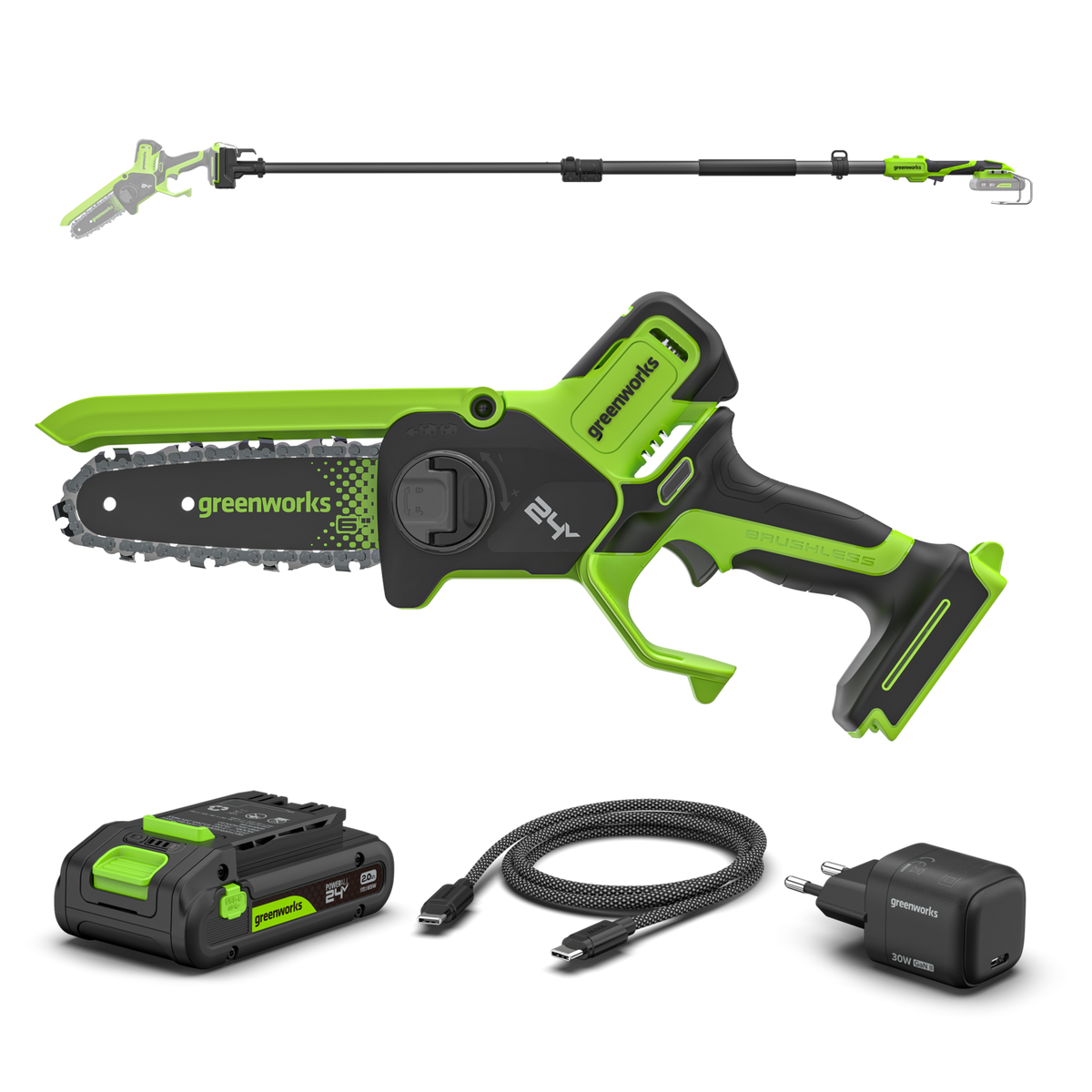 POWERALL 24V mini řetězová pila 15 cm Gen. II s prodlužovací tyčí - baterie 2 Ah
