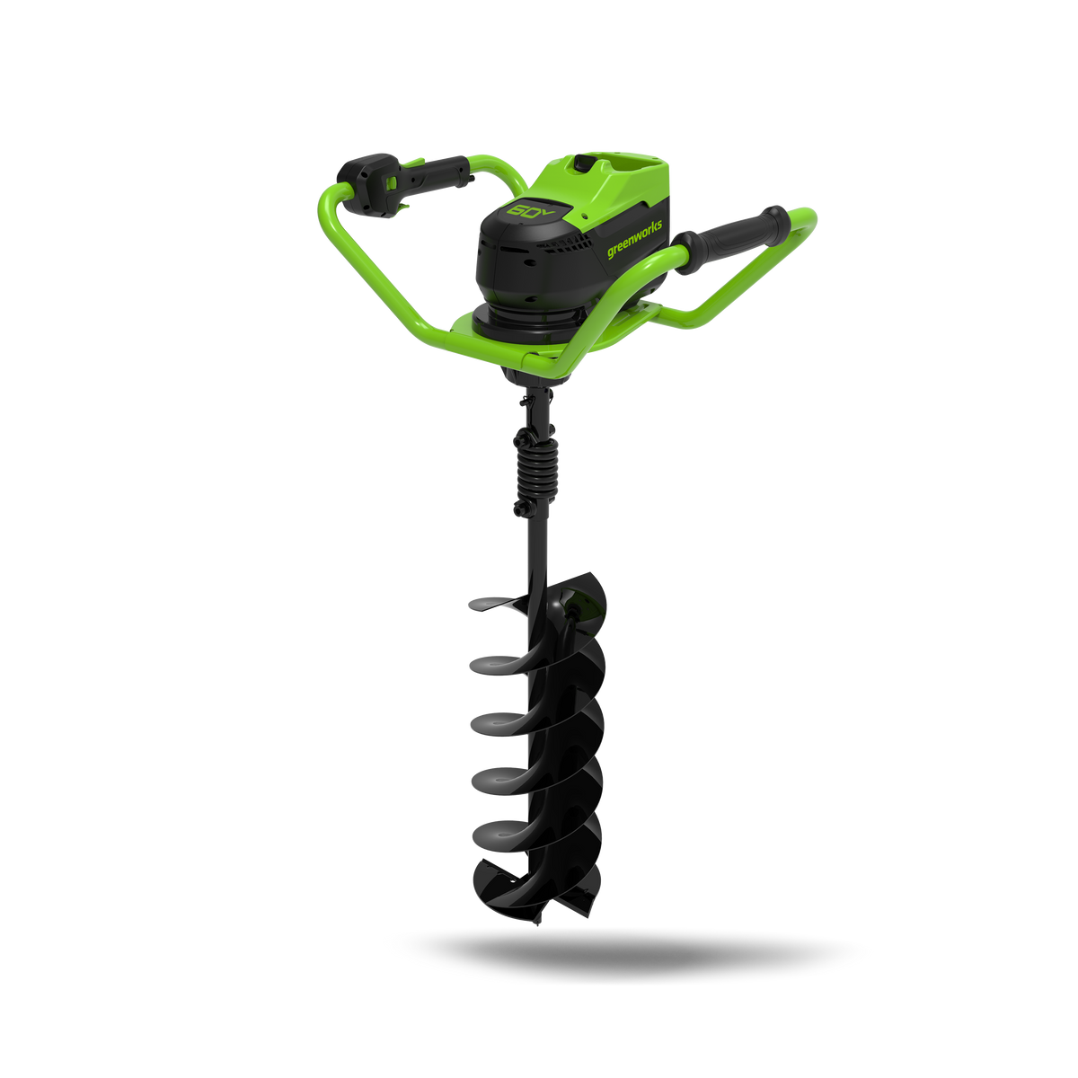 A green and black earth auger with a brushless motor and a spiral drilling bit, designed for gardening and outdoor applications.