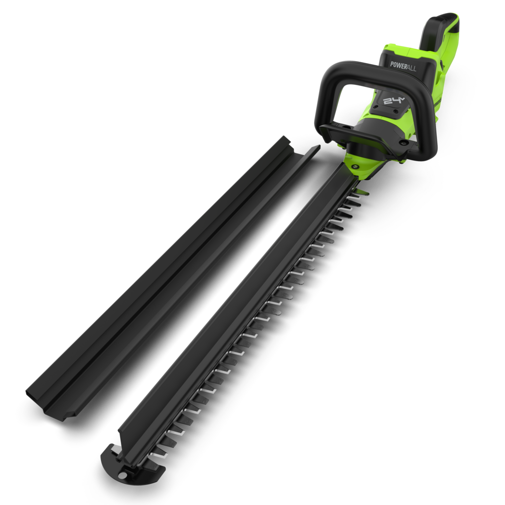 A cordless hedge trimmer with a bright green and black handle, shown alongside two long black blade guard covers on a clean white background. The brand name 'POWERALL' is visible on the handle.