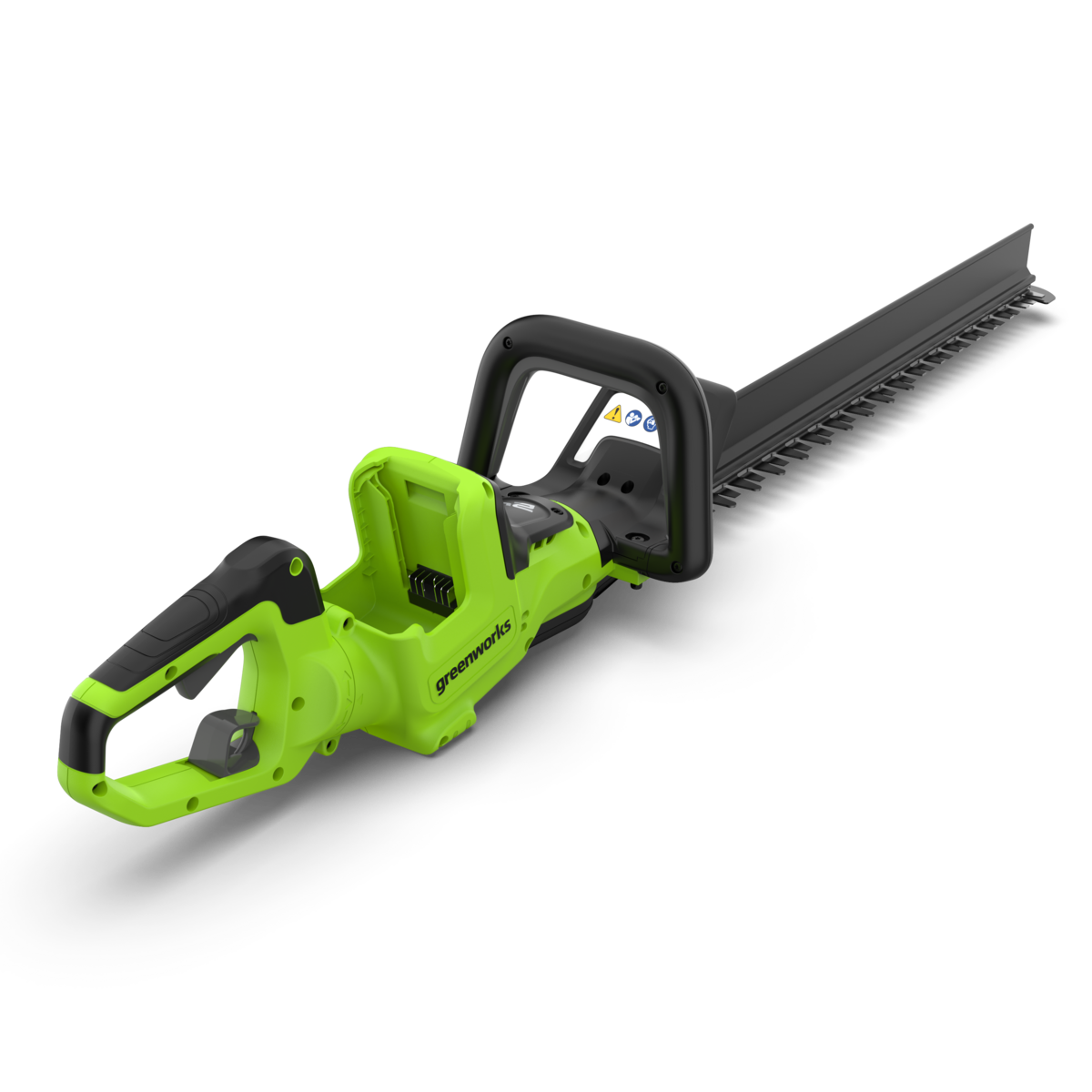 A Greenworks cordless hedge trimmer with a bright lime green body and black blade, handle, and guard, shown on a clean white background.