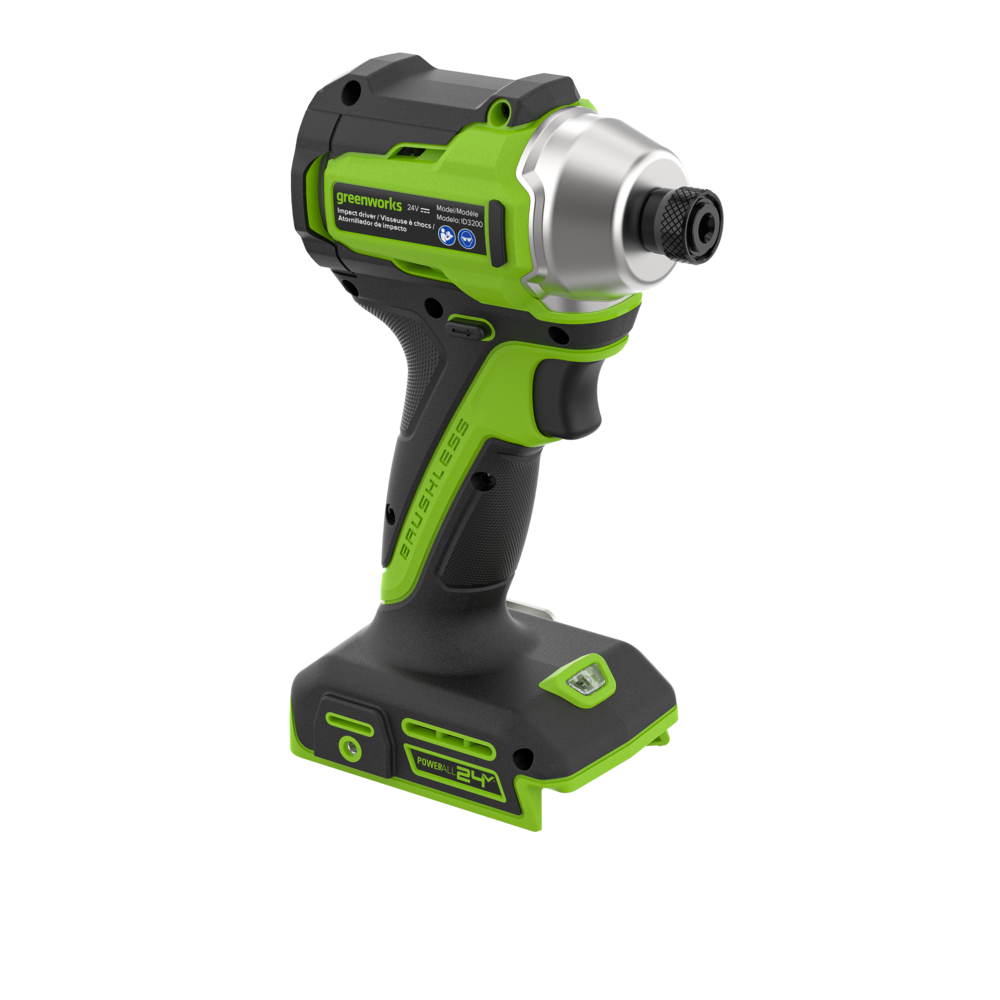 A cordless impact wrench with a black and lime green body, a silver chuck, and a matching black and lime green battery base, shown on a solid white background.