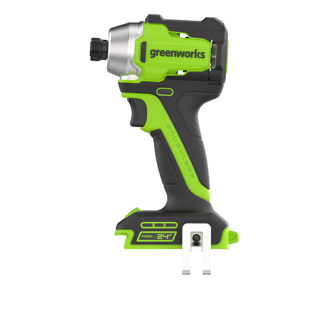 Greenworks cordless impact wrench with a bright lime green and black body, shown from a side profile on a solid white background.